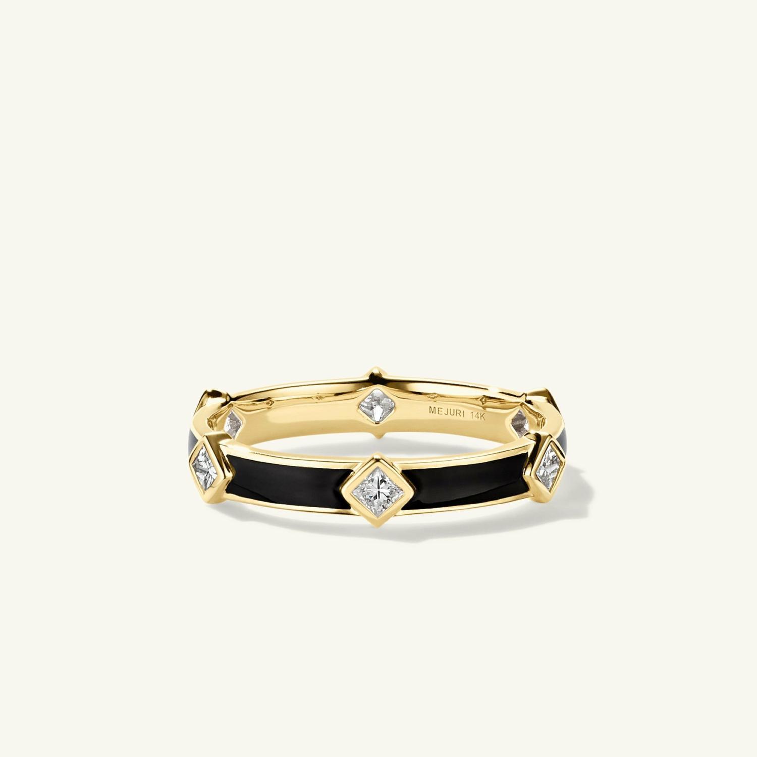 Angled Diamond Station Enamel Ring 14k Yellow Gold, Black Enamel | Womens Stackable Rings