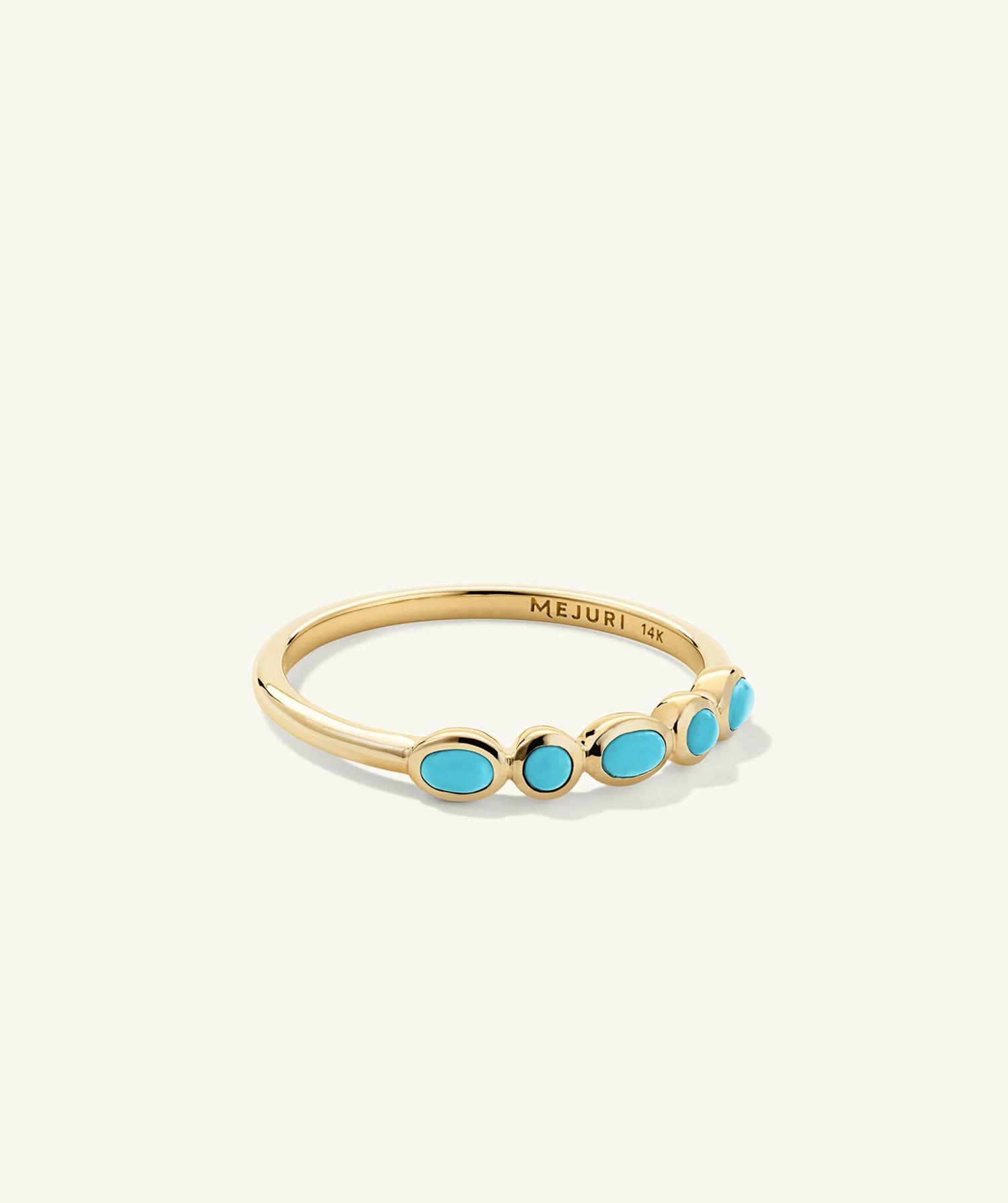 Bezel Turquoise Half Eternity Ring 14k Yellow Gold | Womens Stackable Rings