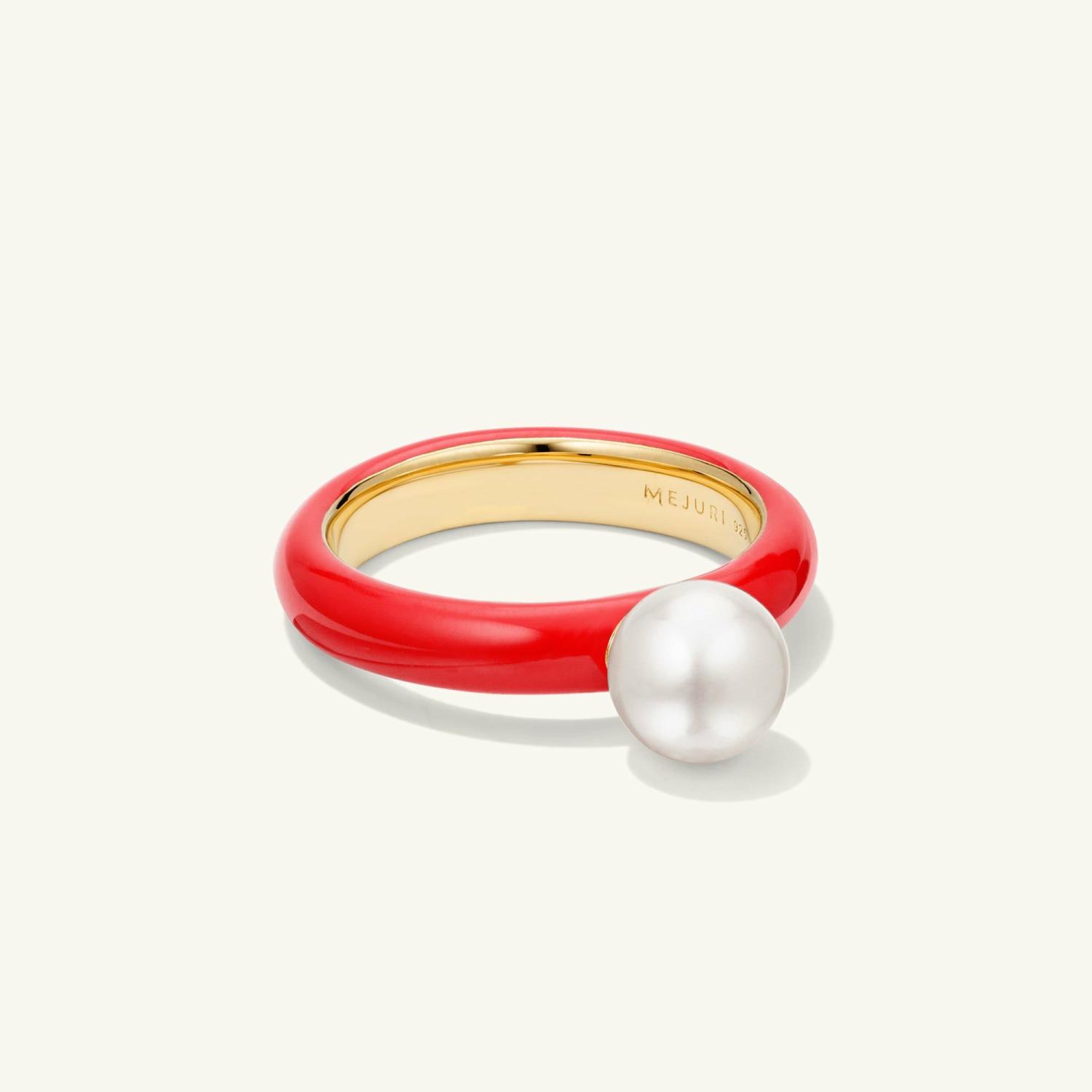 Gumball Pearl Ring Gold Vermeil, Candy Red Enamel | Womens Statement Rings