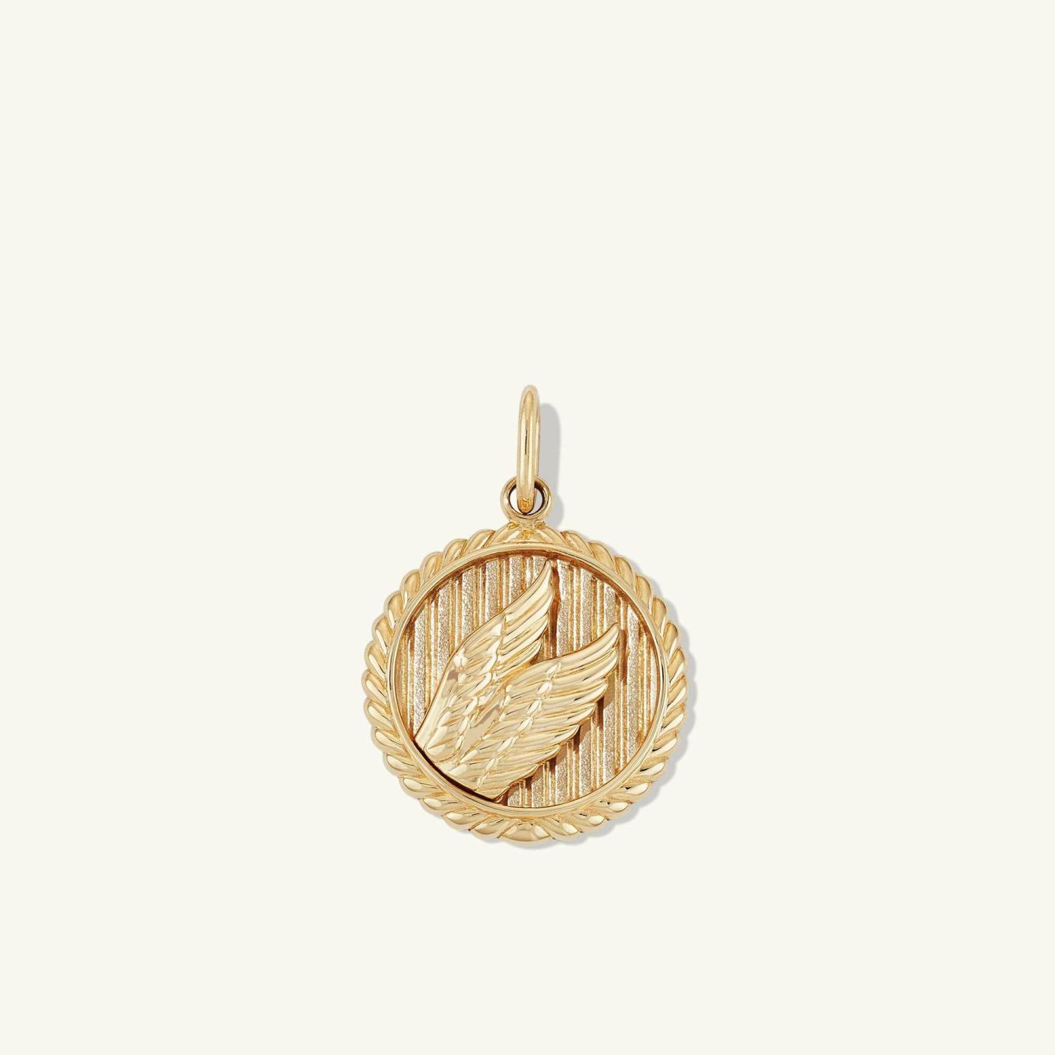 Victory: Winged Coin Charm Pendant 14k Yellow Gold | Womens Necklace Charms