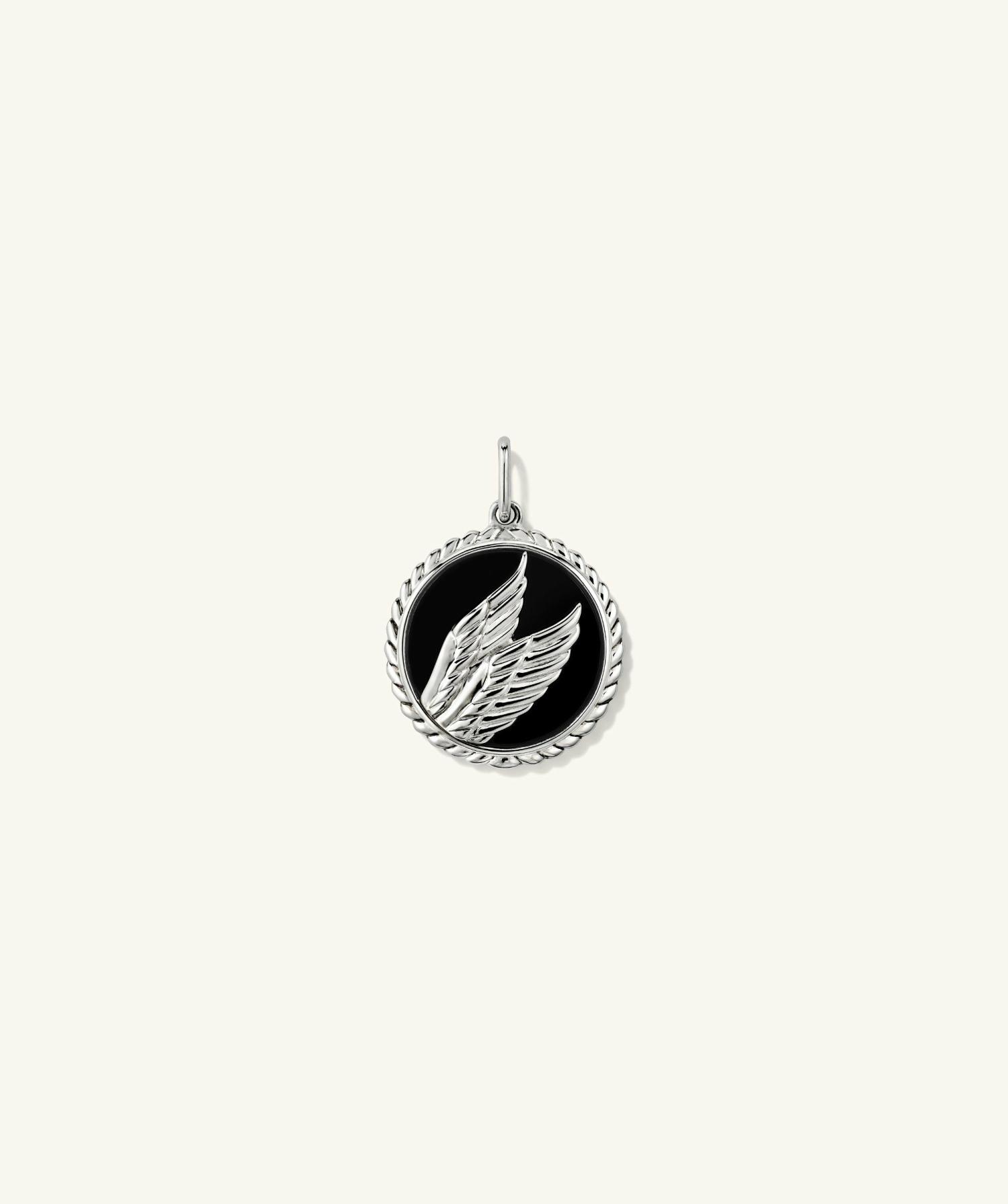 Victory: Winged Coin Charm Pendant Sterling Silver/Black Onyx | Womens Necklace Charms